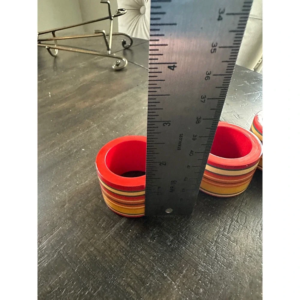 Set of 4 Striped Wooden Napkin Rings Red Orange Yellow Boho Table Decor vintage‎